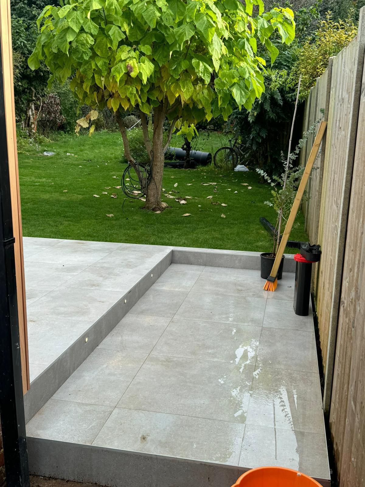 Drainage channel installation during patio build